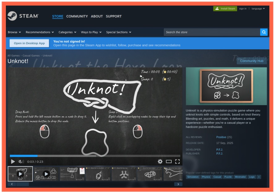 Unknot! Steam page with gameplay video